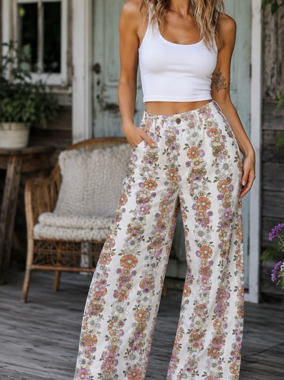Boho Cream Floral Boot-Cut Wide-Leg Pants size 30 waist